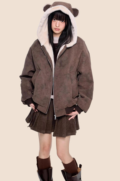 Faux Suede Hooded Fur Coat