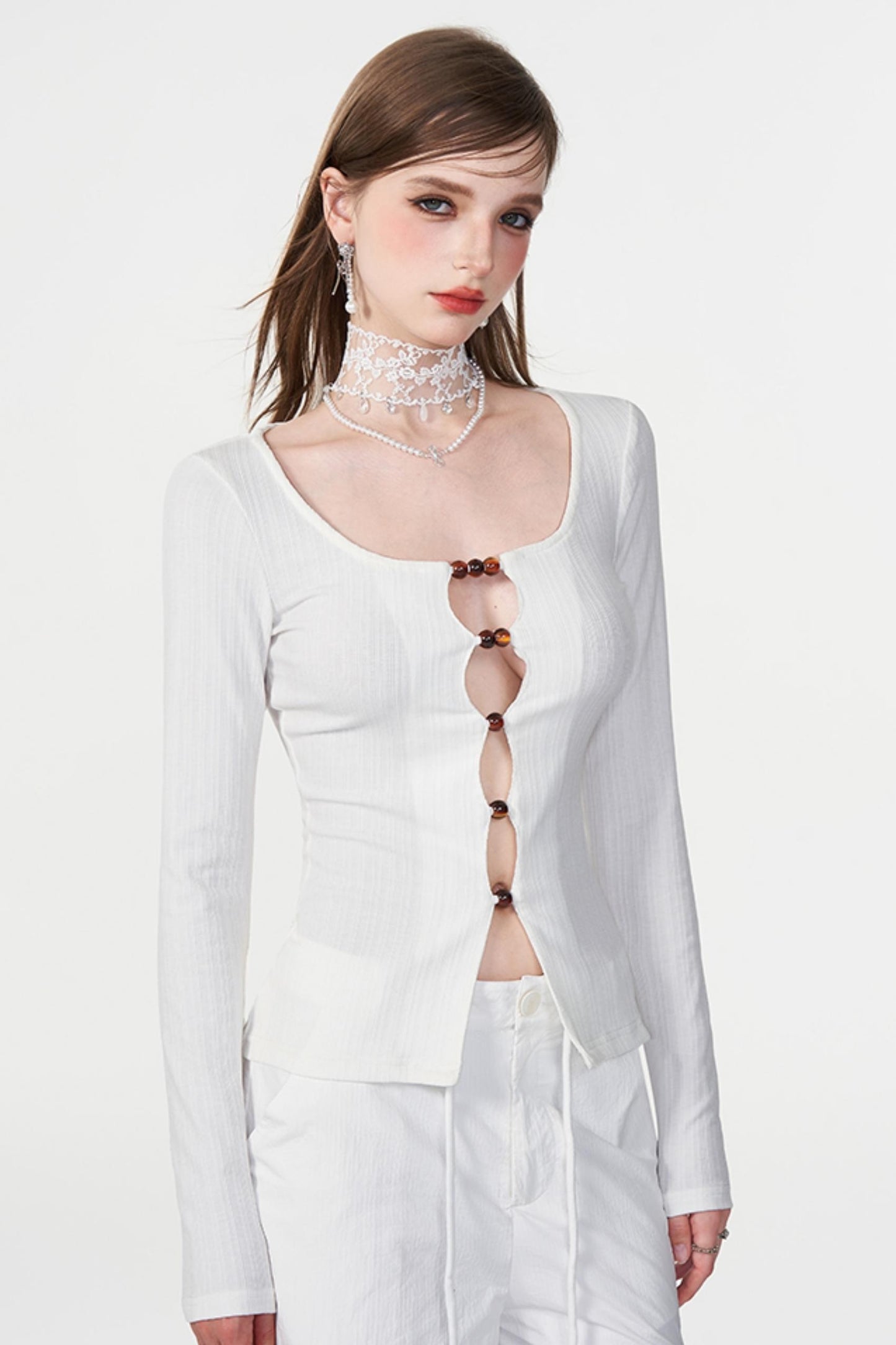 Color Beaded U-Neck Long Sleeve Tee