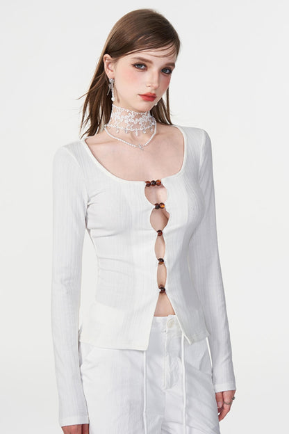 Color Beaded U-Neck Long Sleeve Tee