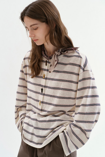 Horn-Button Striped Blouse