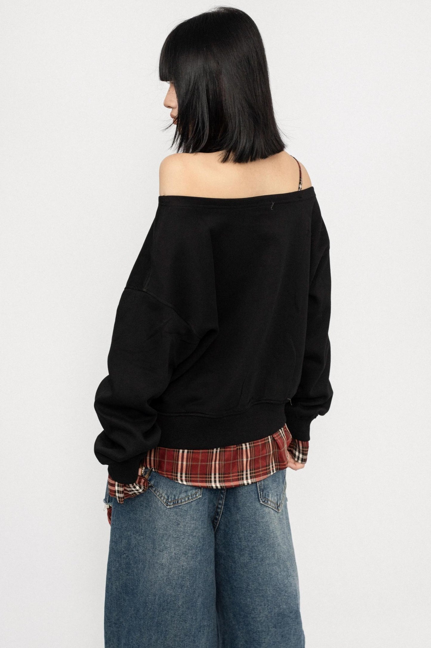 Vintage Plaid One-Shoulder Sweatshirt