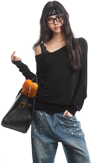 Lace Splicing Off-Shoulder Top