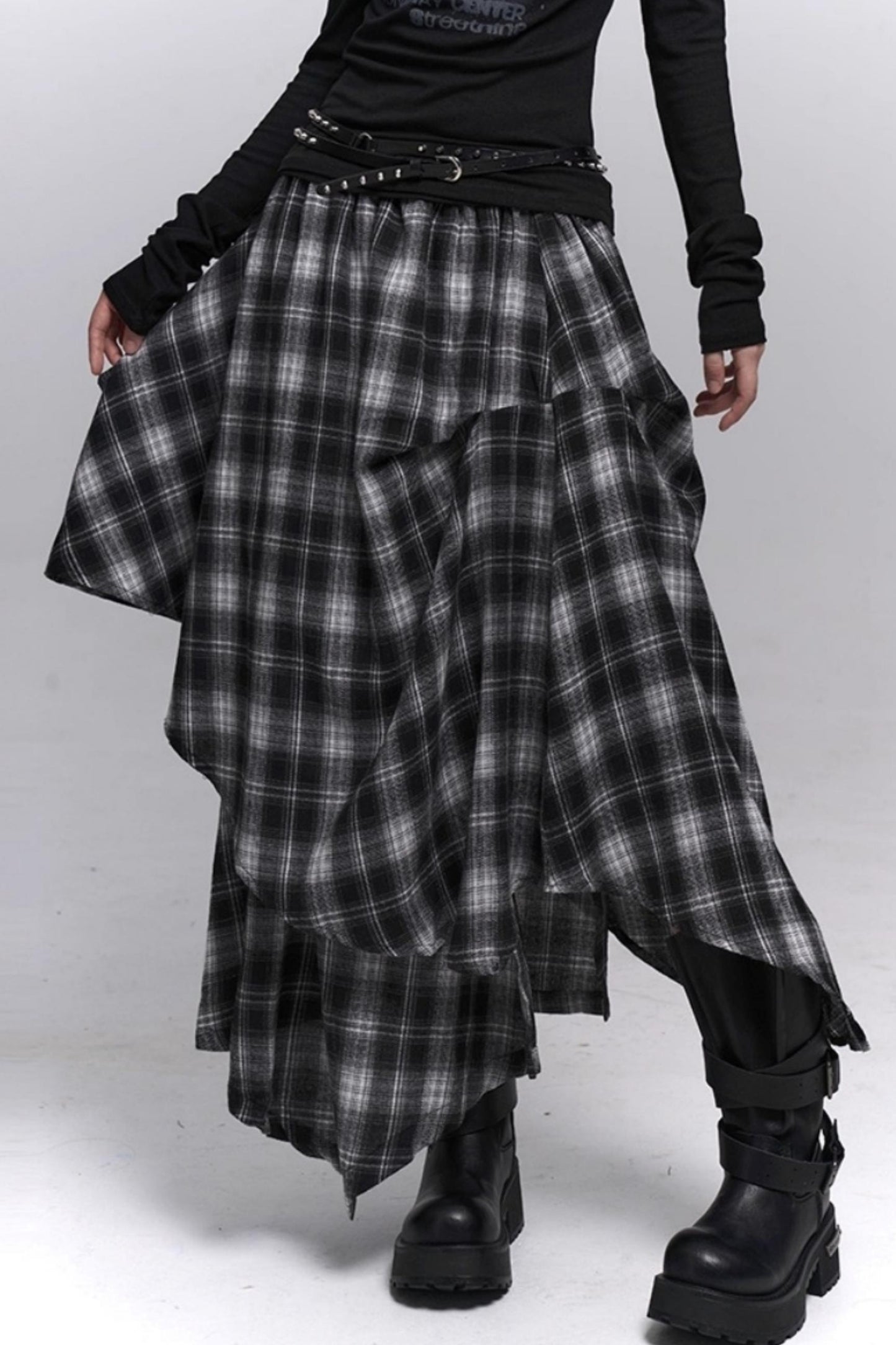 Gray Black Plaid Pleated Skirt