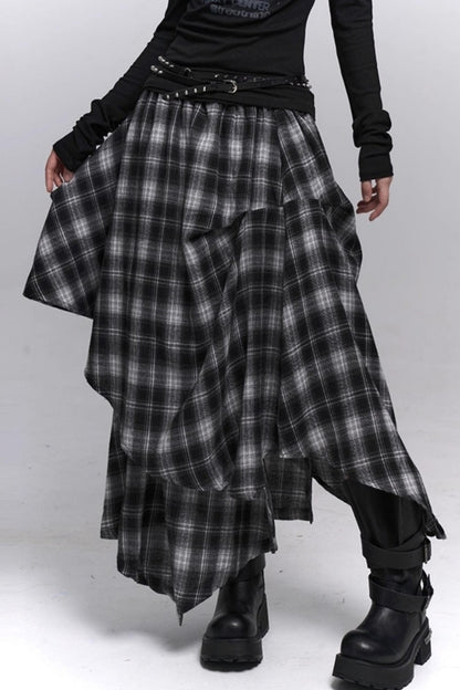 Gray Black Plaid Pleated Skirt