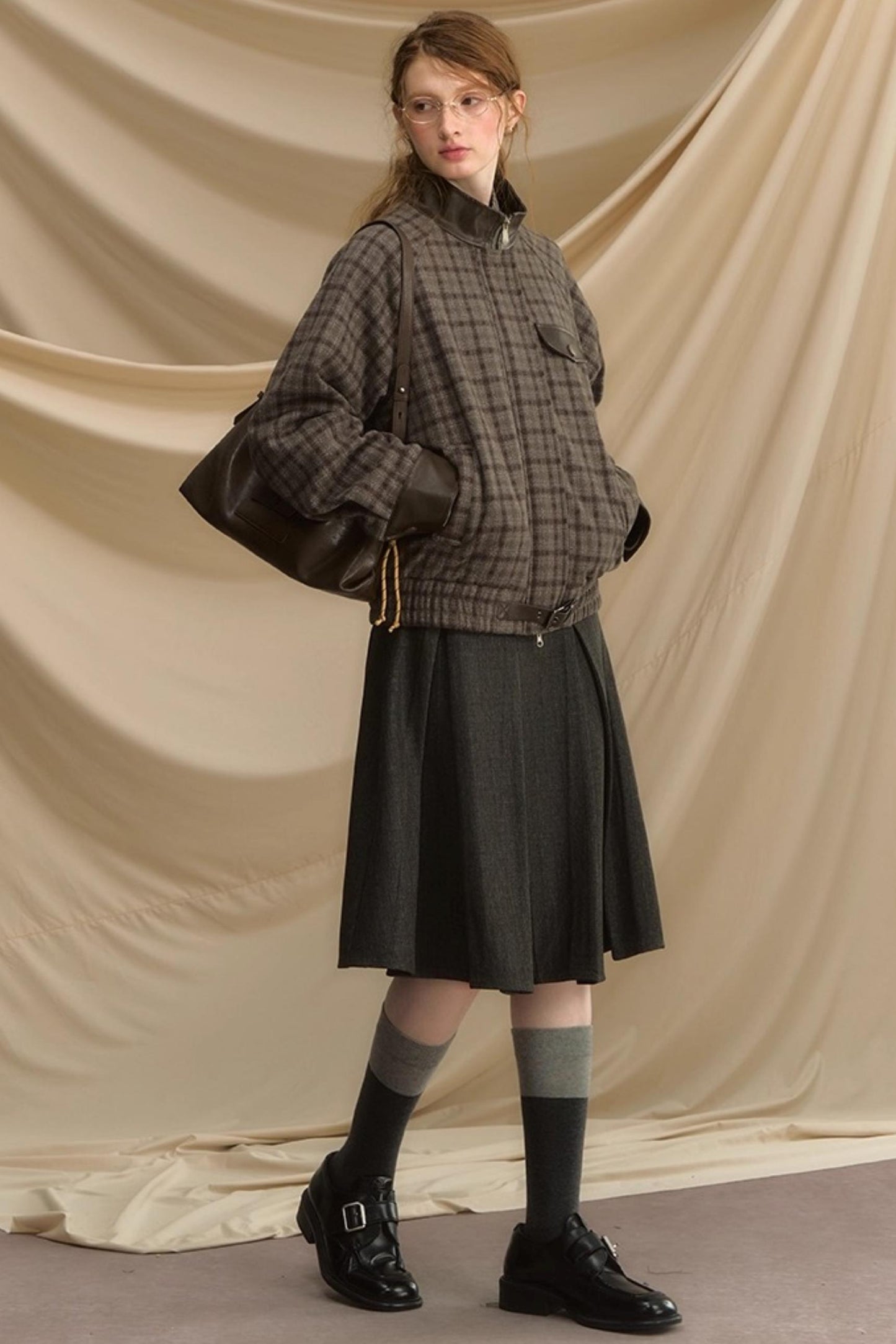 Stand Collar Plaid Woolen Jacket
