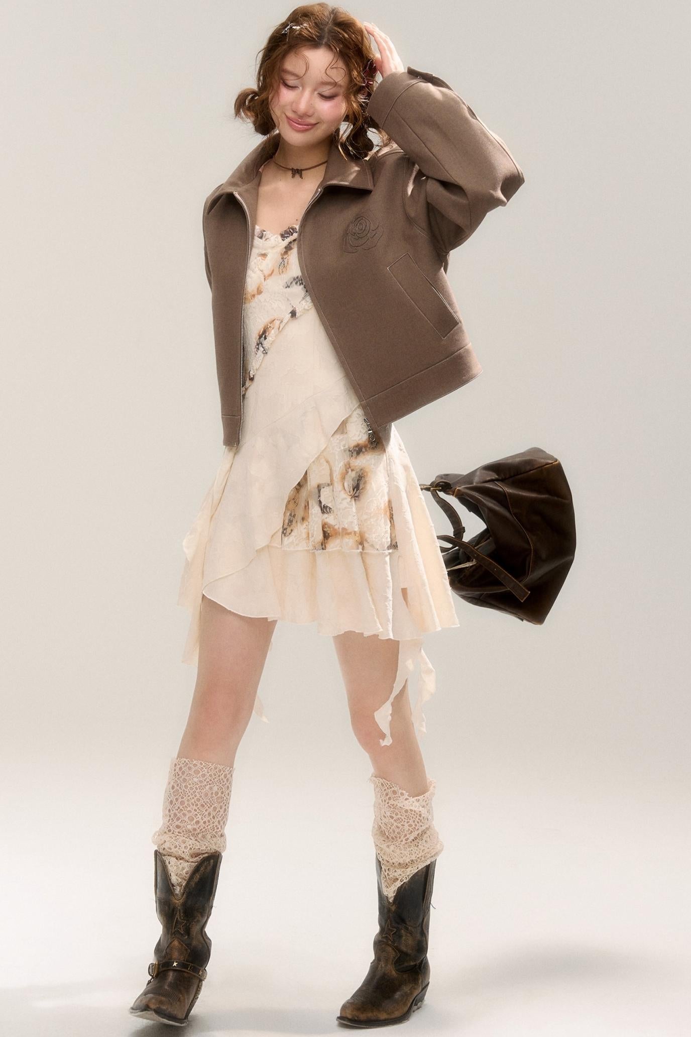 Beige Apricot Irregular Lace Dress