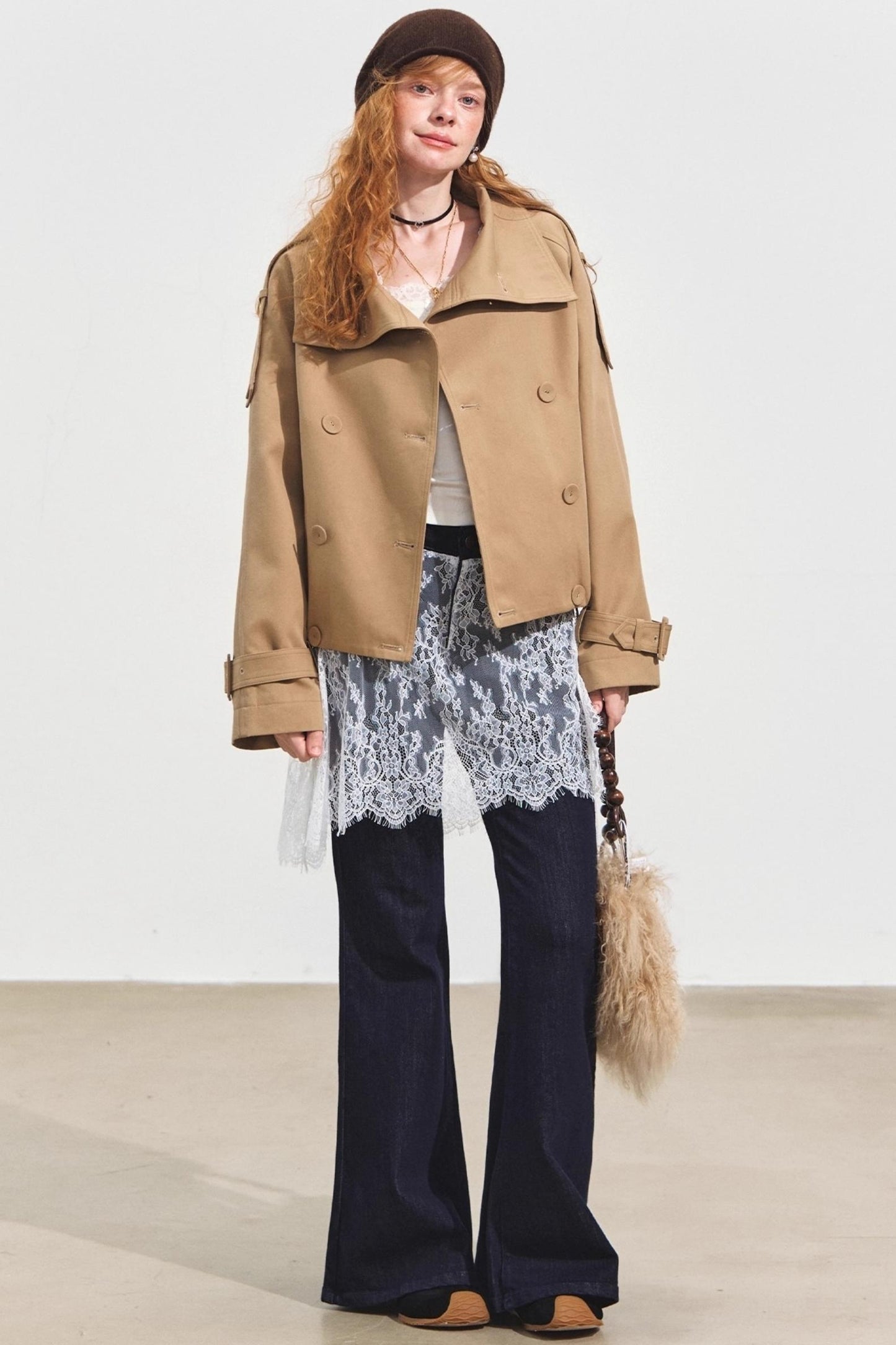 Slanted Stand-Up Collar Cropped Trench Coat