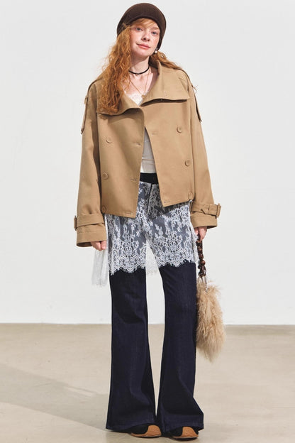 Slanted Stand-Up Collar Cropped Trench Coat