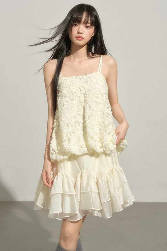 Layered Milk-White Floral Dress Set