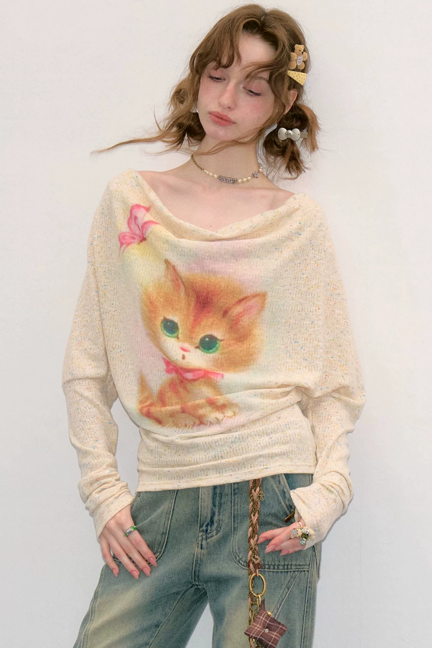 Cat Print Long Sleeve Blouse