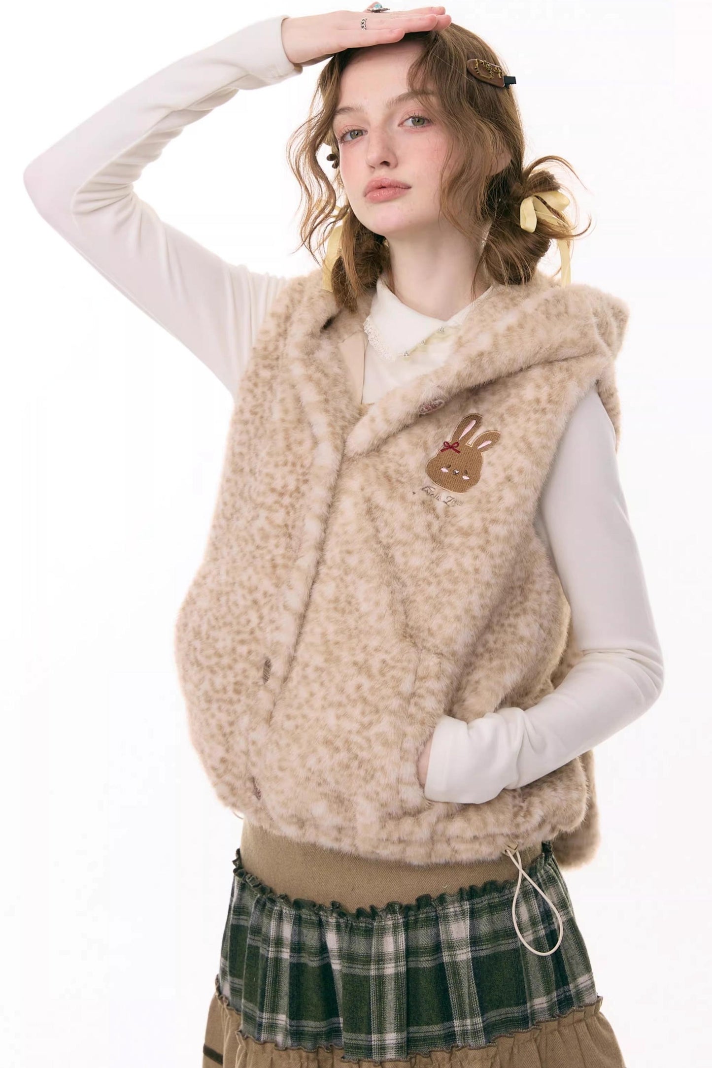 Black Leather Rabbit Hooded Vest Jacket