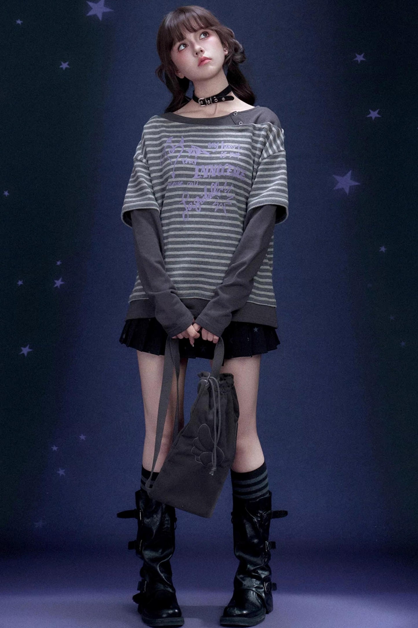 Dark Gray Striped Graffiti Print Top