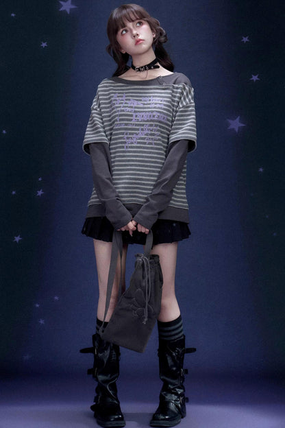 Dark Gray Striped Graffiti Print Top