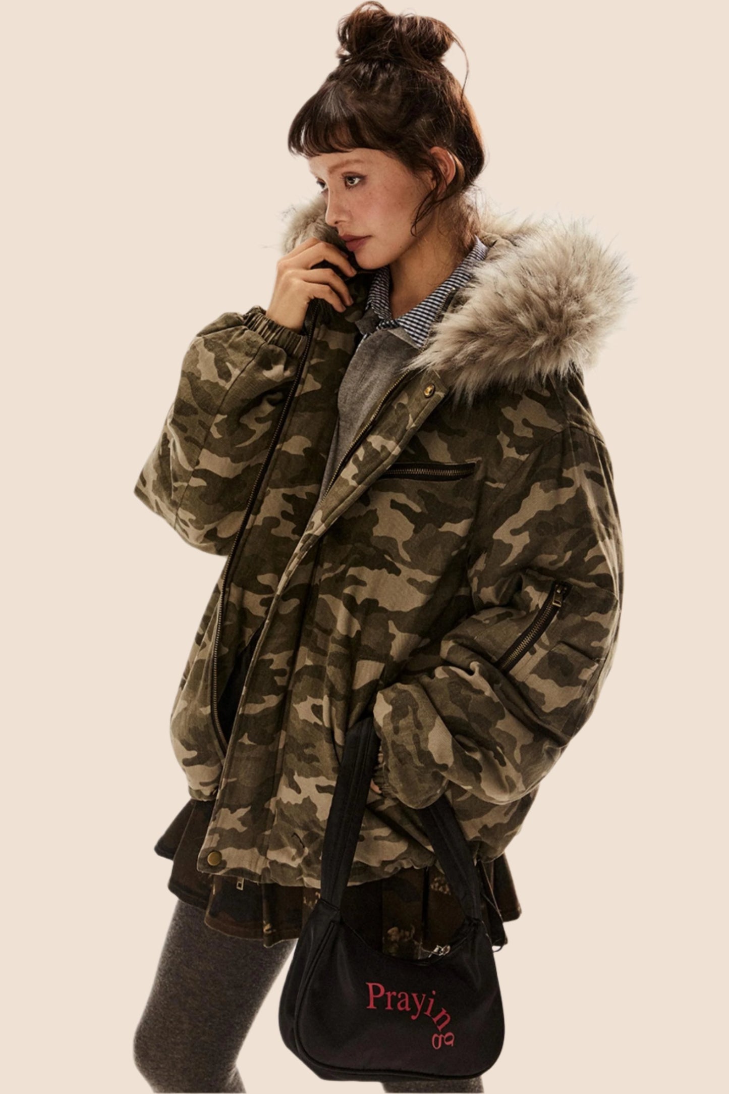 EZEK American Retro Army Green Camouflage Pelzkragen Kapuzenjacke Thickened Cotton Jacket Women's Winter New Jacket Cotton Jacket