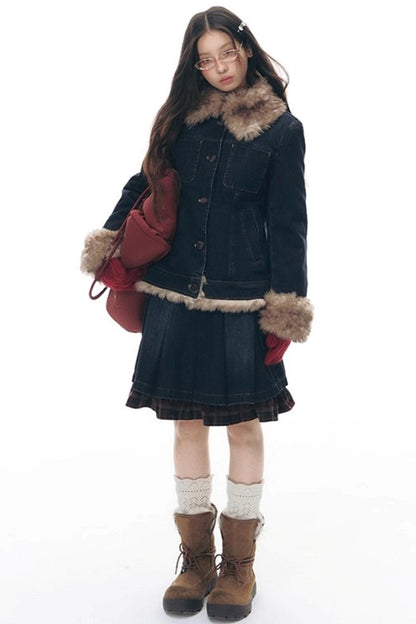 Patchwork Red Plaid Denim Skirt