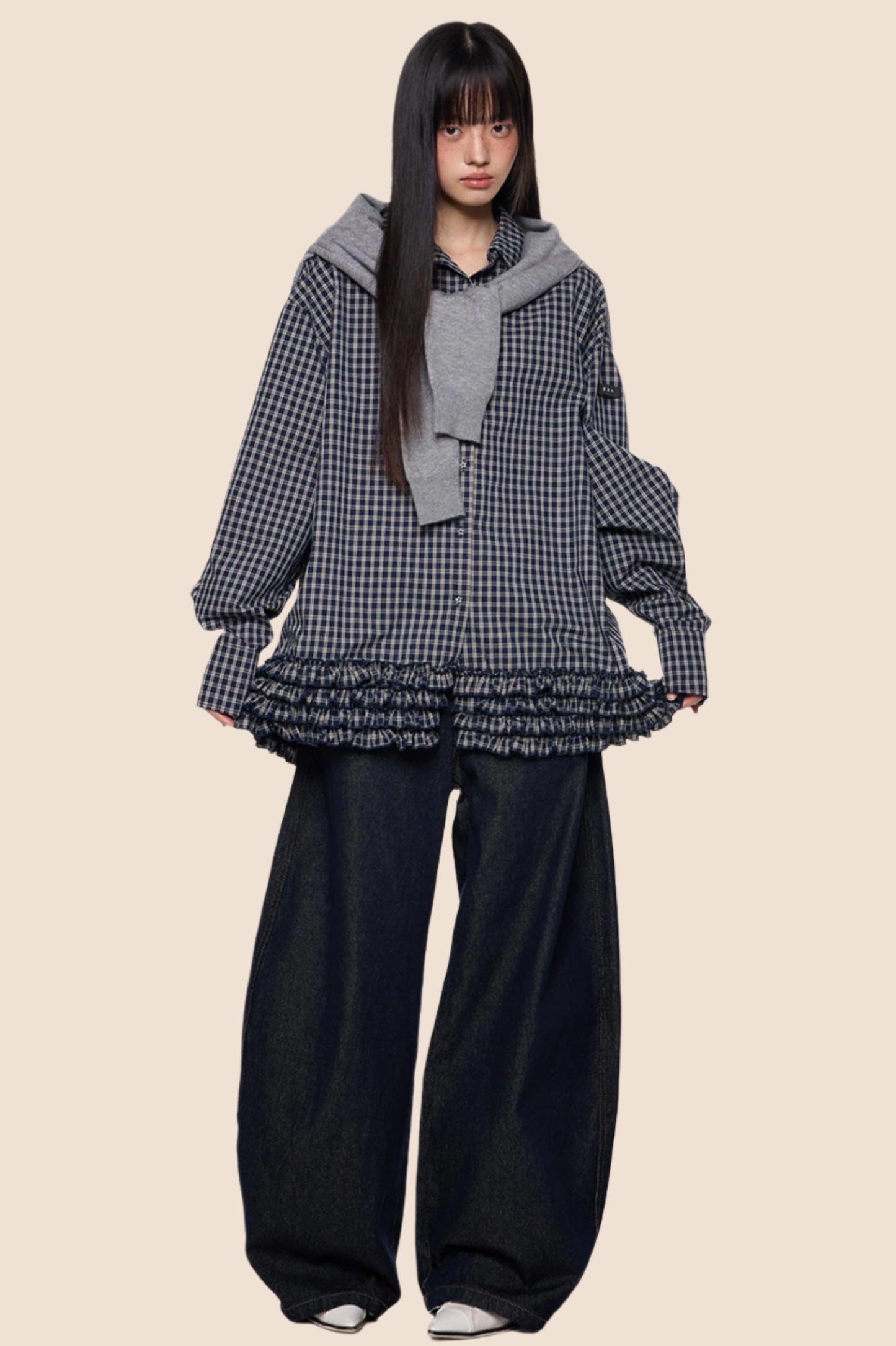 Plaid Pleated Long Sleeve Shirt