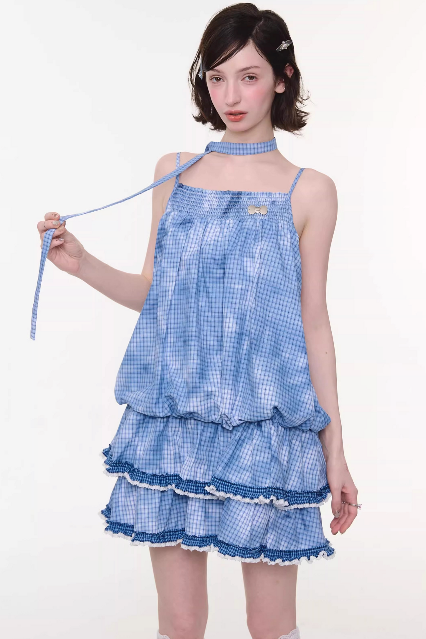 Summer Blue Plaid Lace Dress