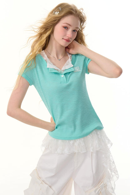 Lace Patchwork Fitted Two-Layer T-Shirt