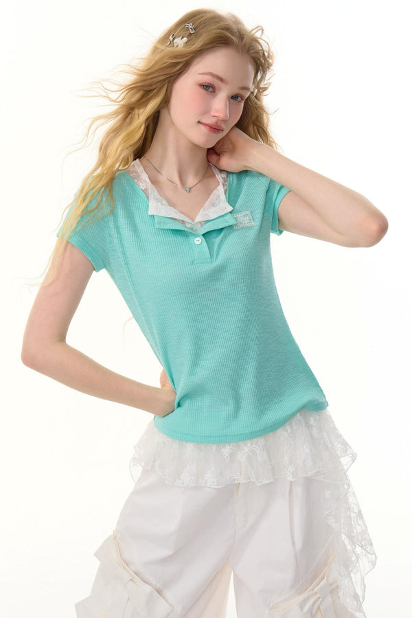Lace Patchwork Fitted Two-Layer T-Shirt