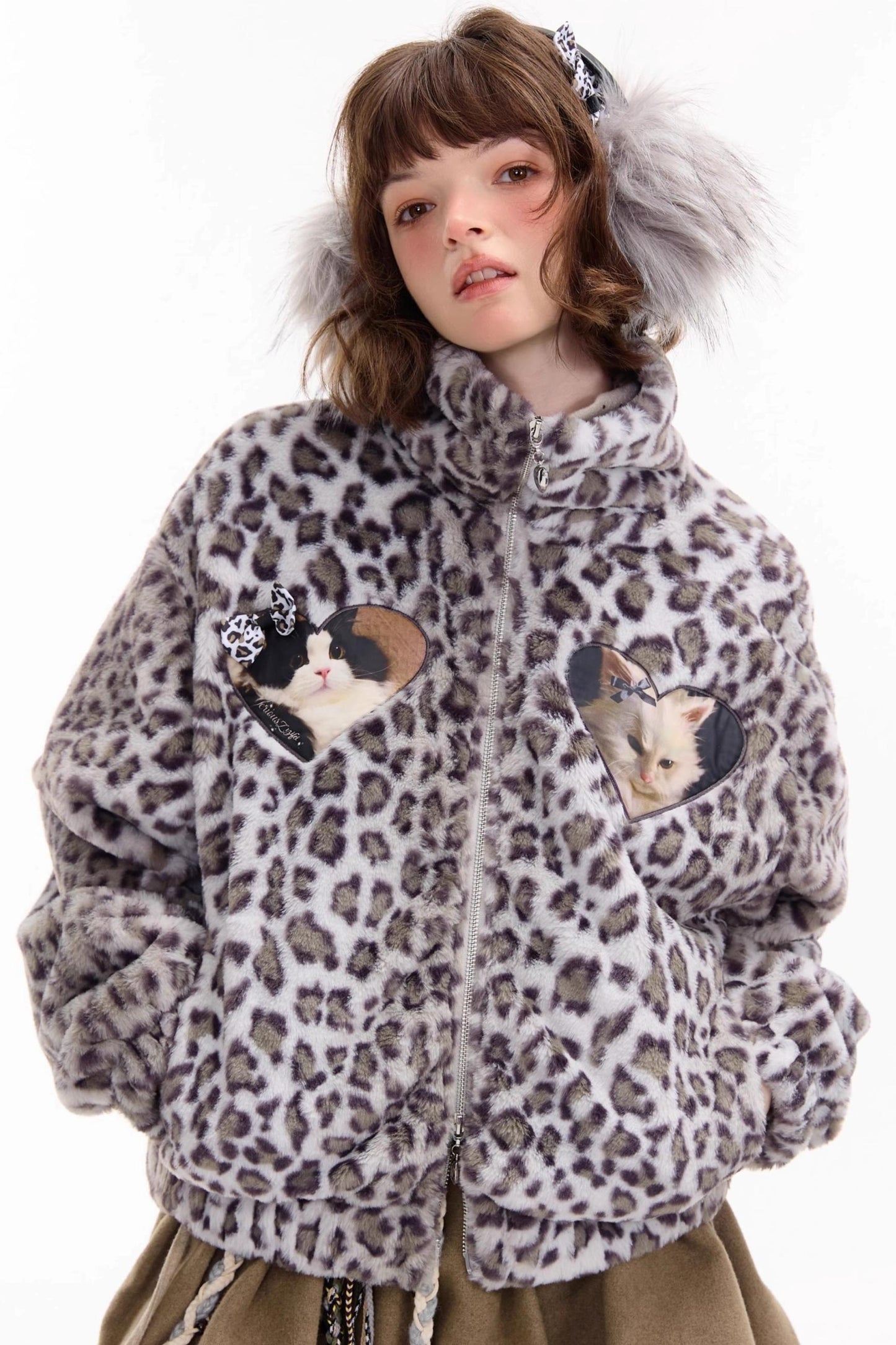 Winter Cat Print Fluffy Coat