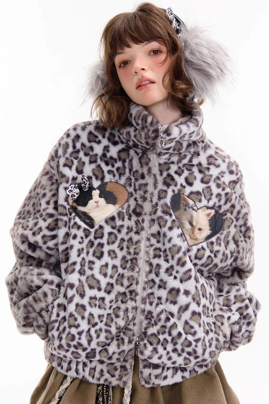 Winter Cat Print Fluffy Coat