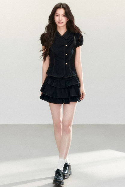 Retro Collar Blouse & Cake Skirt Set-Up