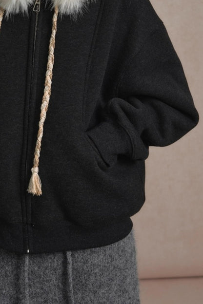 Loose Fur Collar Hooded Zipper Jacket