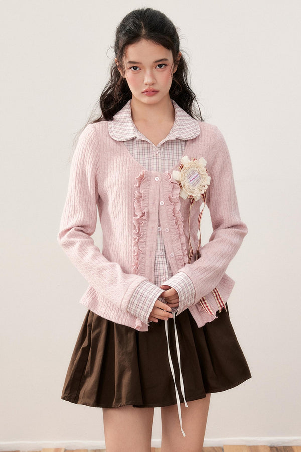 Layered Plaid Knit Patchwork Shirt