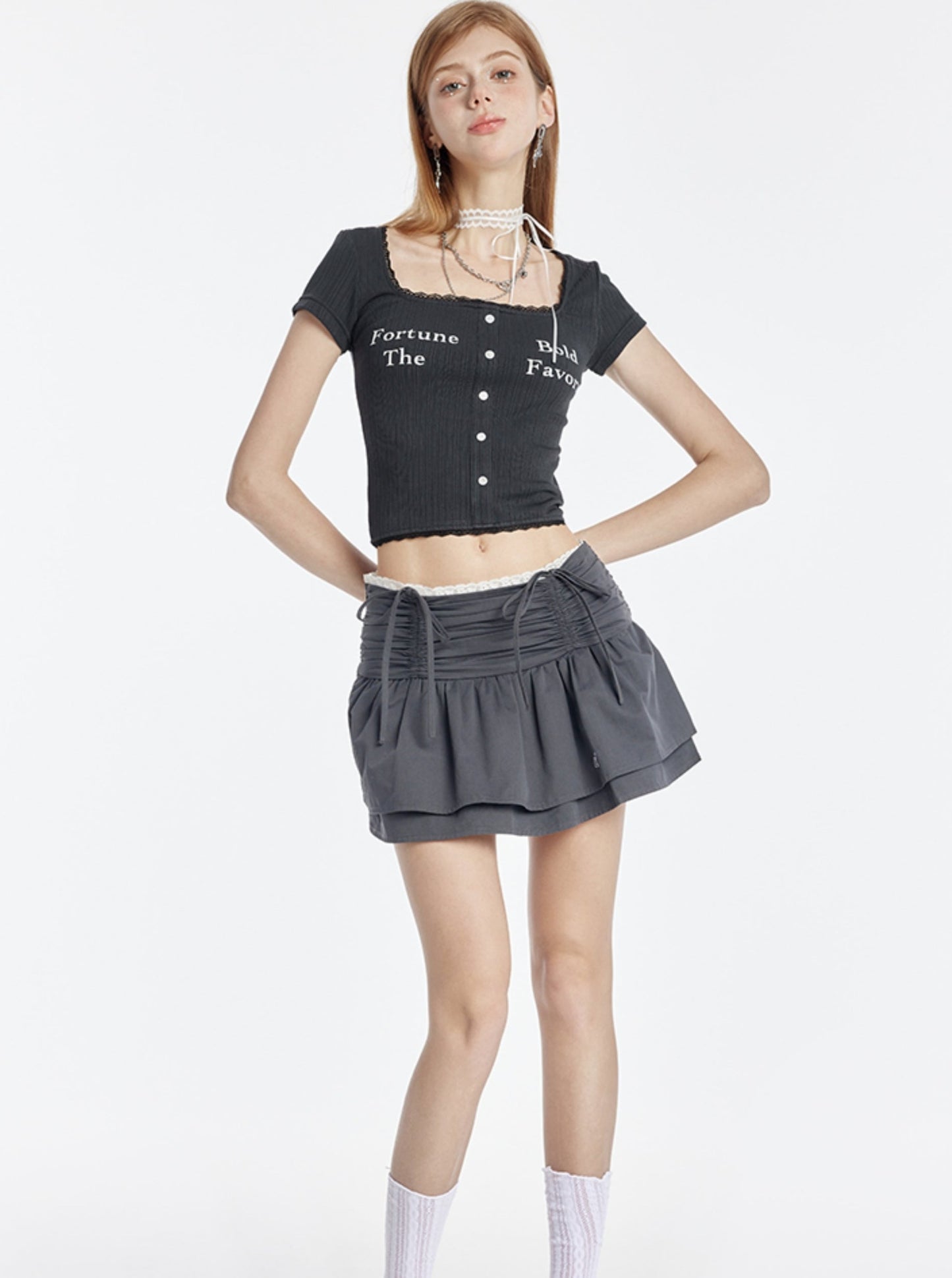 U-Neck Lace Short Sleeve T-Shirt