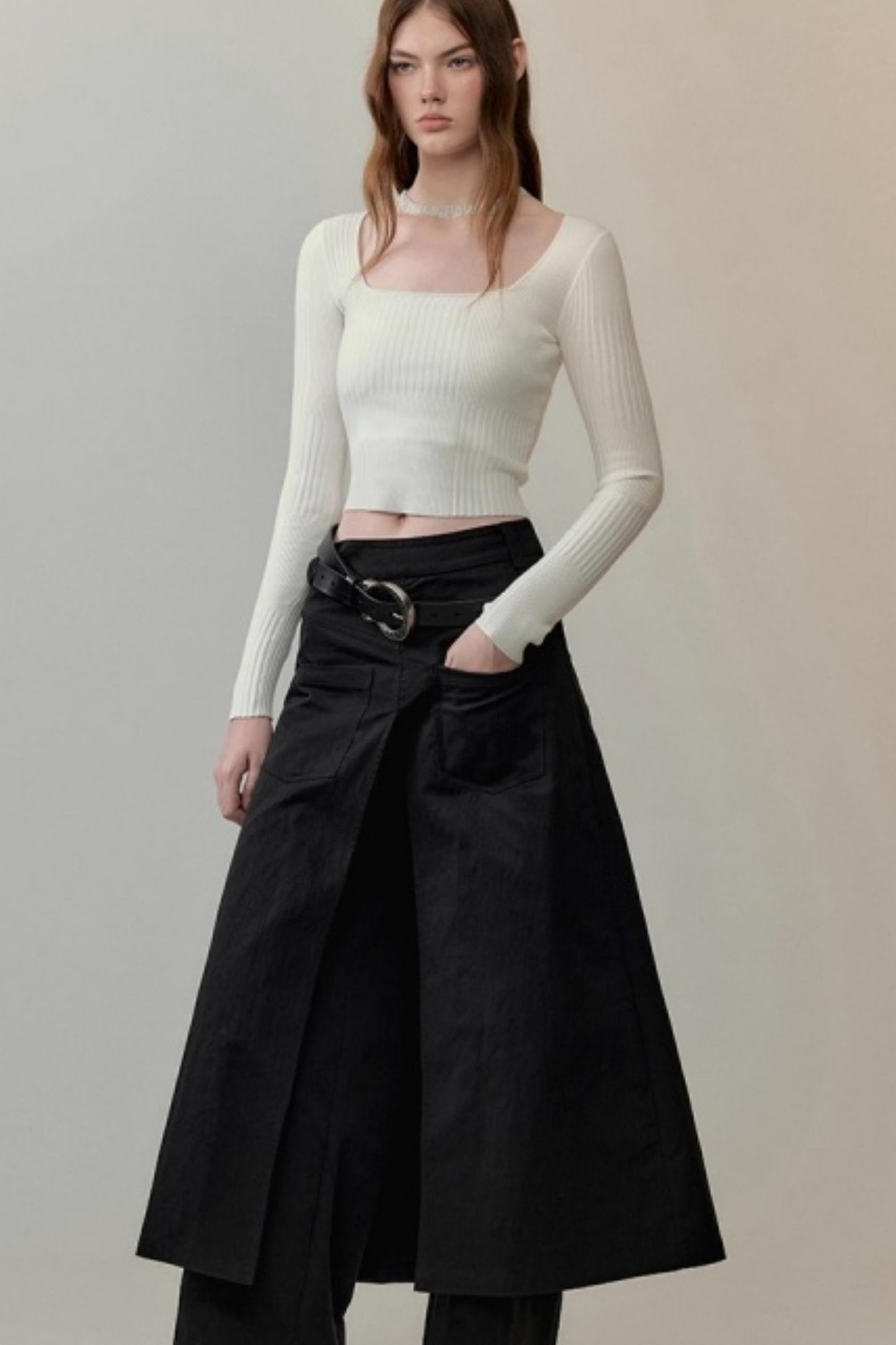 Patchwork Square Collar Knit Top