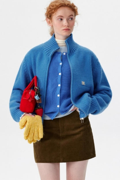 Candy-Colored Double-Zip Knitted Jacket