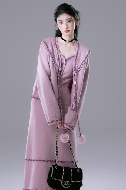 Pink Purple Fleece Wool Dress Set-Up