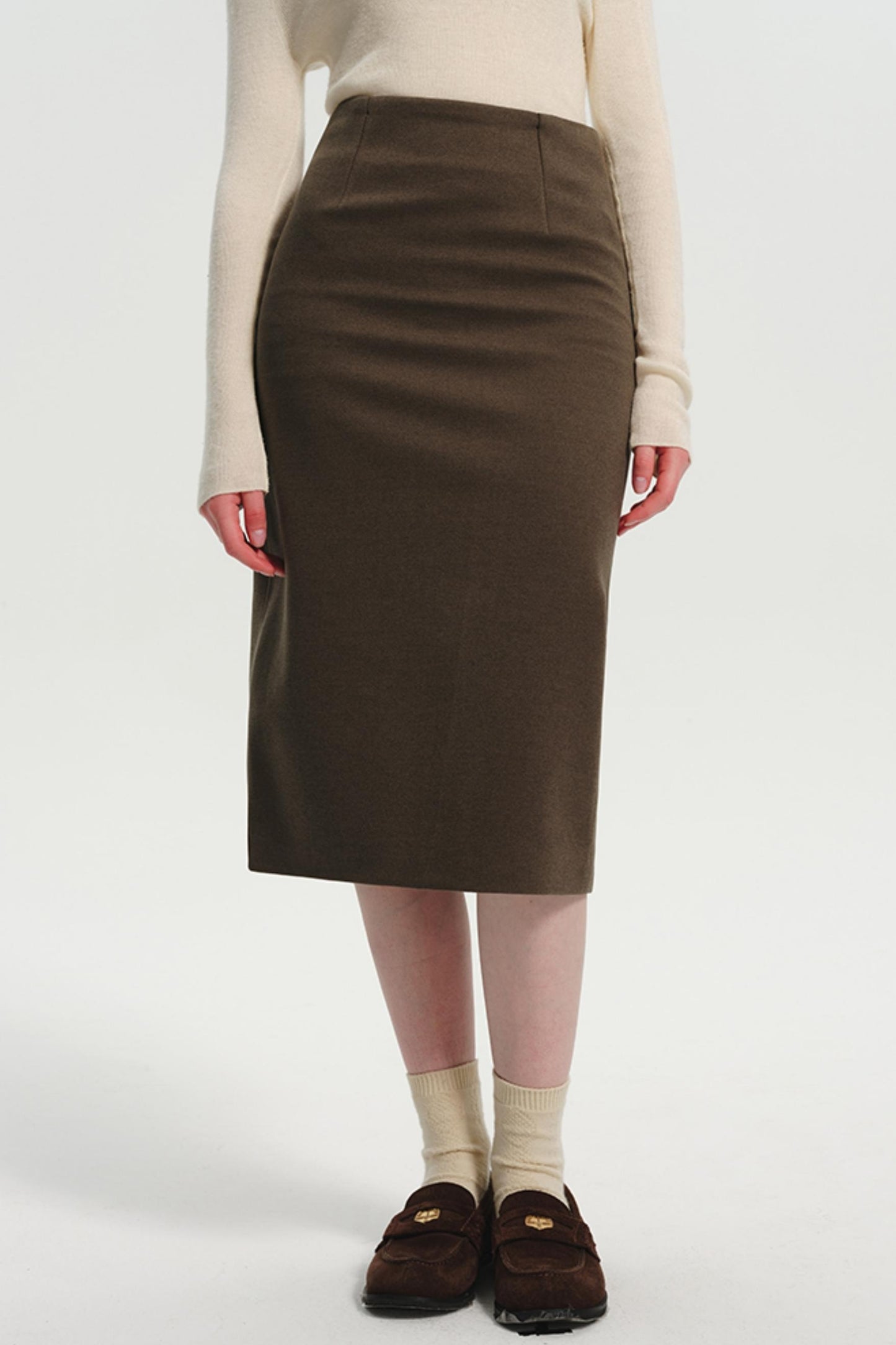 Woolen High-Waist Coffee Slit Skirt