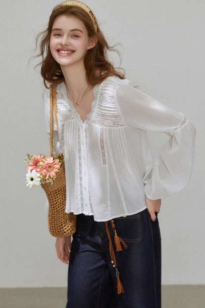 White Lace V-Neck Top