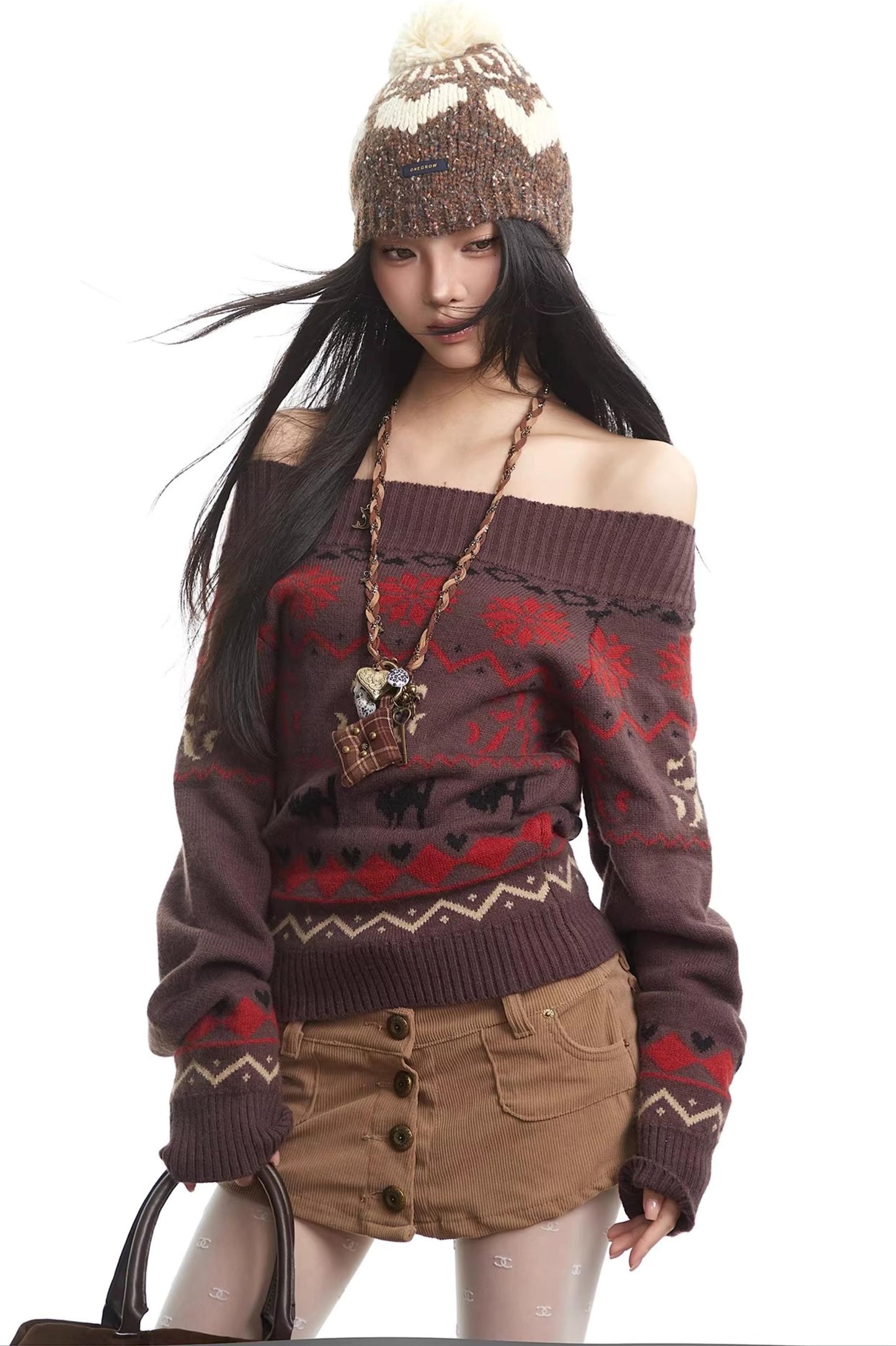 Fair Isle Off-Shoulder Sweater