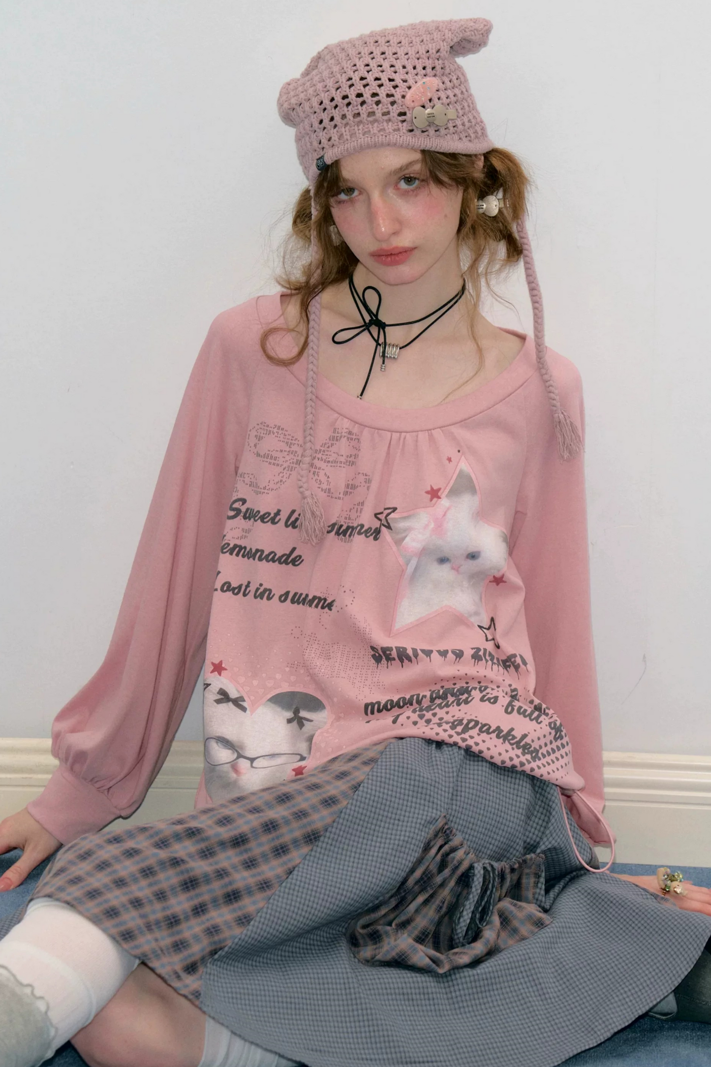Pink Cat Print Lantern Sleeve Top