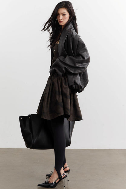 Vintage Pleated Ebony Brown PU Jacket