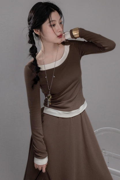 White Milk Coffee Knitted Top & Skirt Set