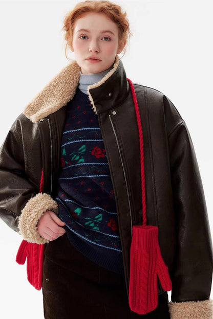 Sheepskin Collar Leather Jacket