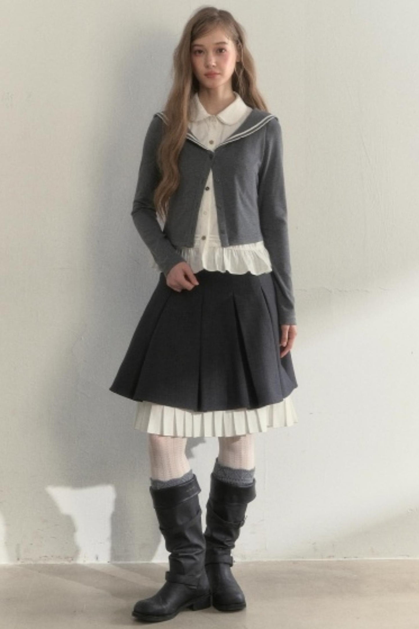 College Navy Collar Top & Skirt Set-Up