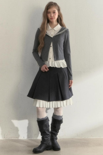 College Navy Collar Top & Skirt Set-Up