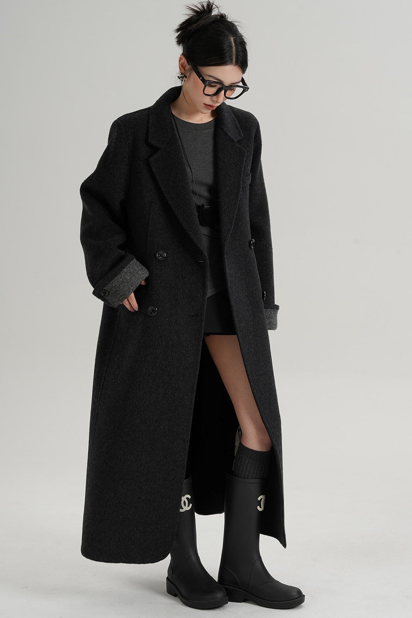Turn-Sleeve Suit Collar Long Wool Coat