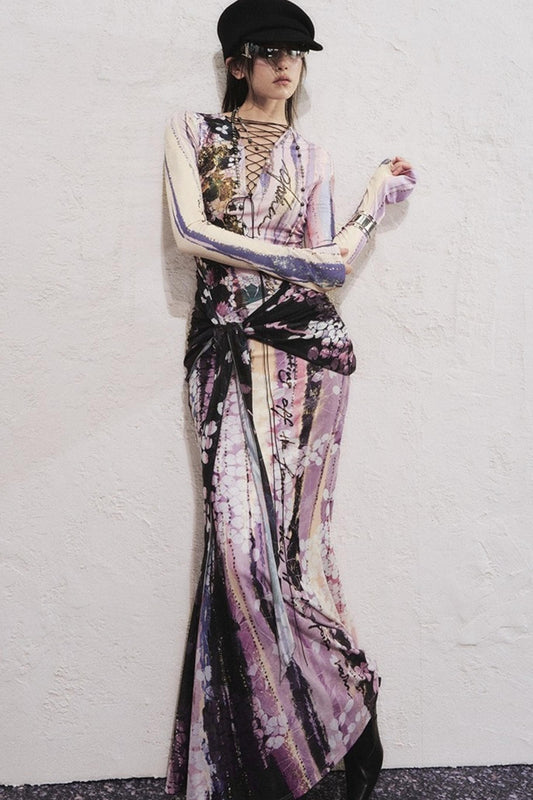 Lotus Print Fake Two-Piece Mermaid Dress