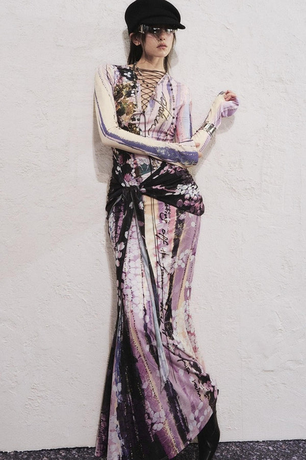 Lotus Print Fake Two-Piece Mermaid Dress