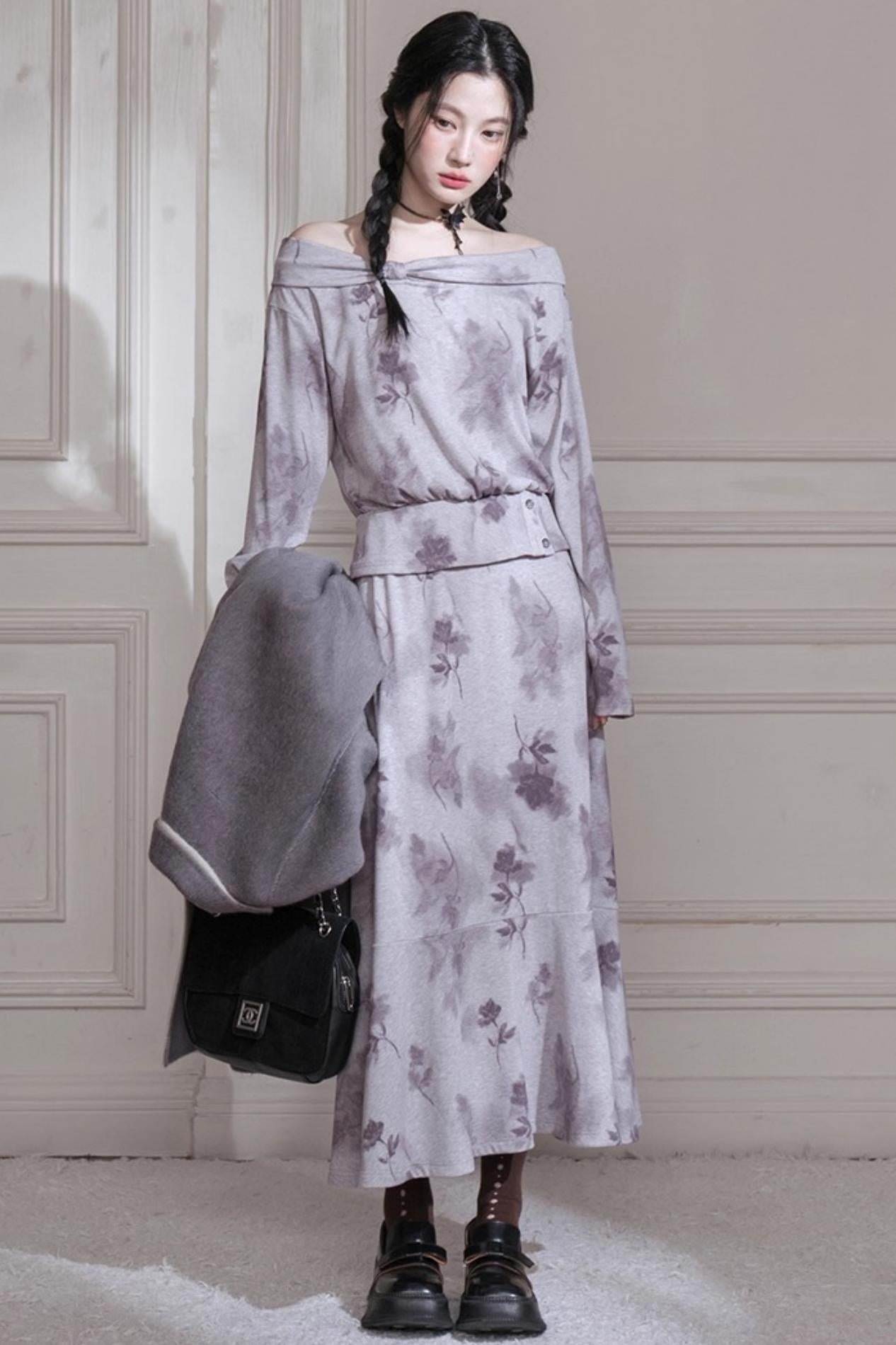 Cloud Gray Purple Bow Neck Knit Skirt Set