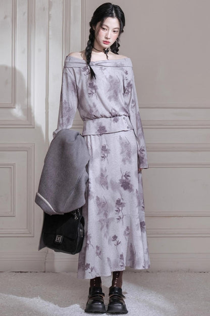 Cloud Gray Purple Bow Neck Knit Skirt Set