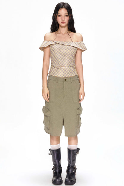 One-Shoulder Yellow Plaid Blouse