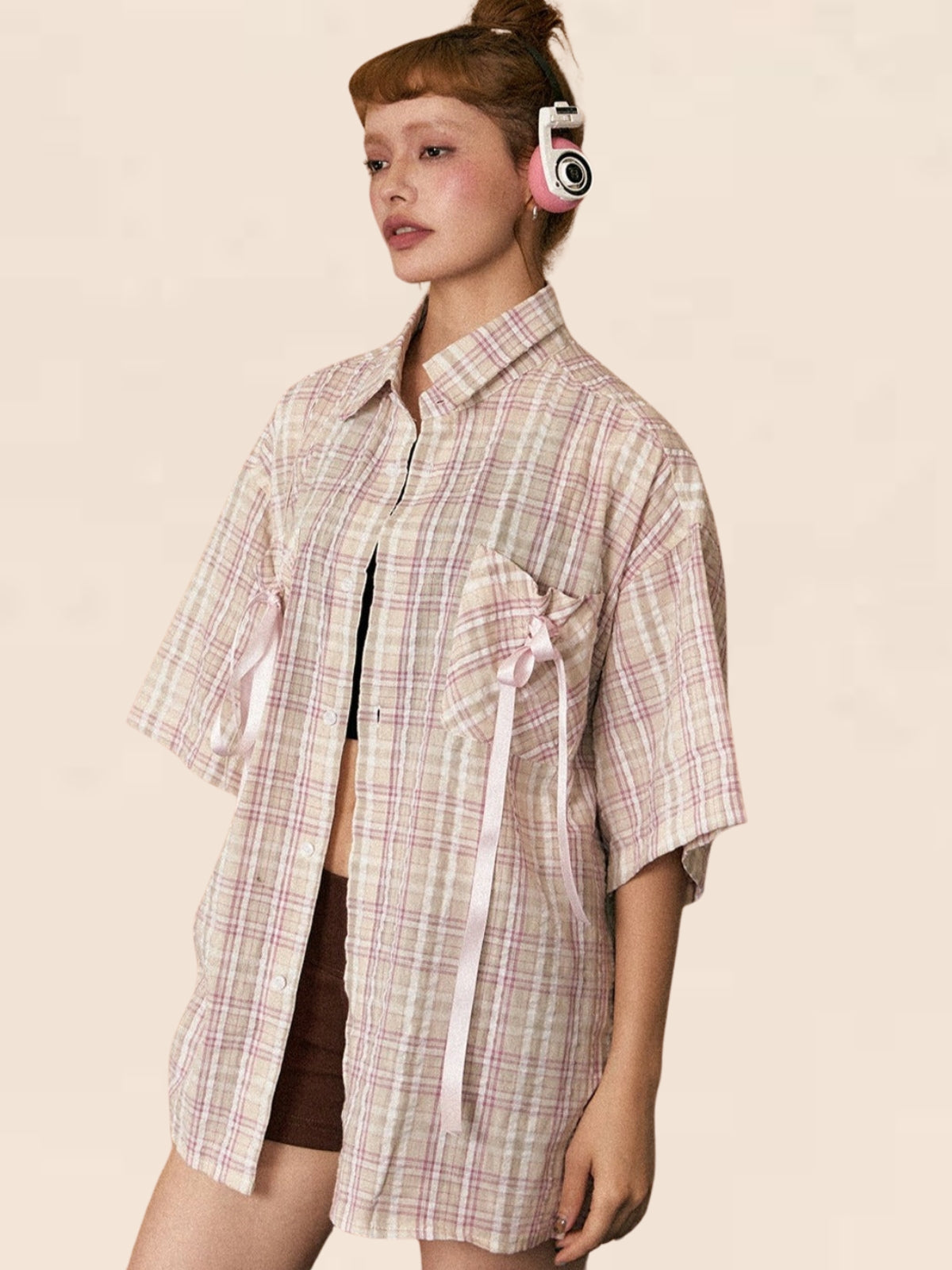 American Retro Bow Plaid Short Sleeve Shirt