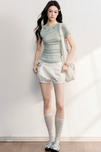 펀칭 자수 프릴 소매 상의