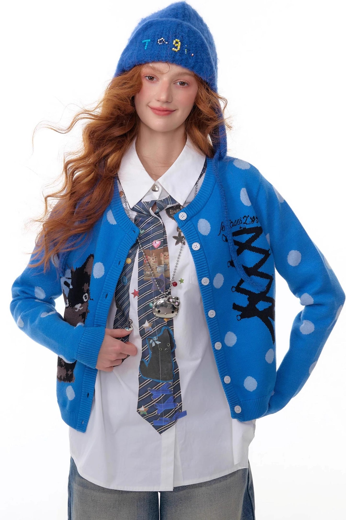 Blue Cat Polka Dot Knitted Cardigan